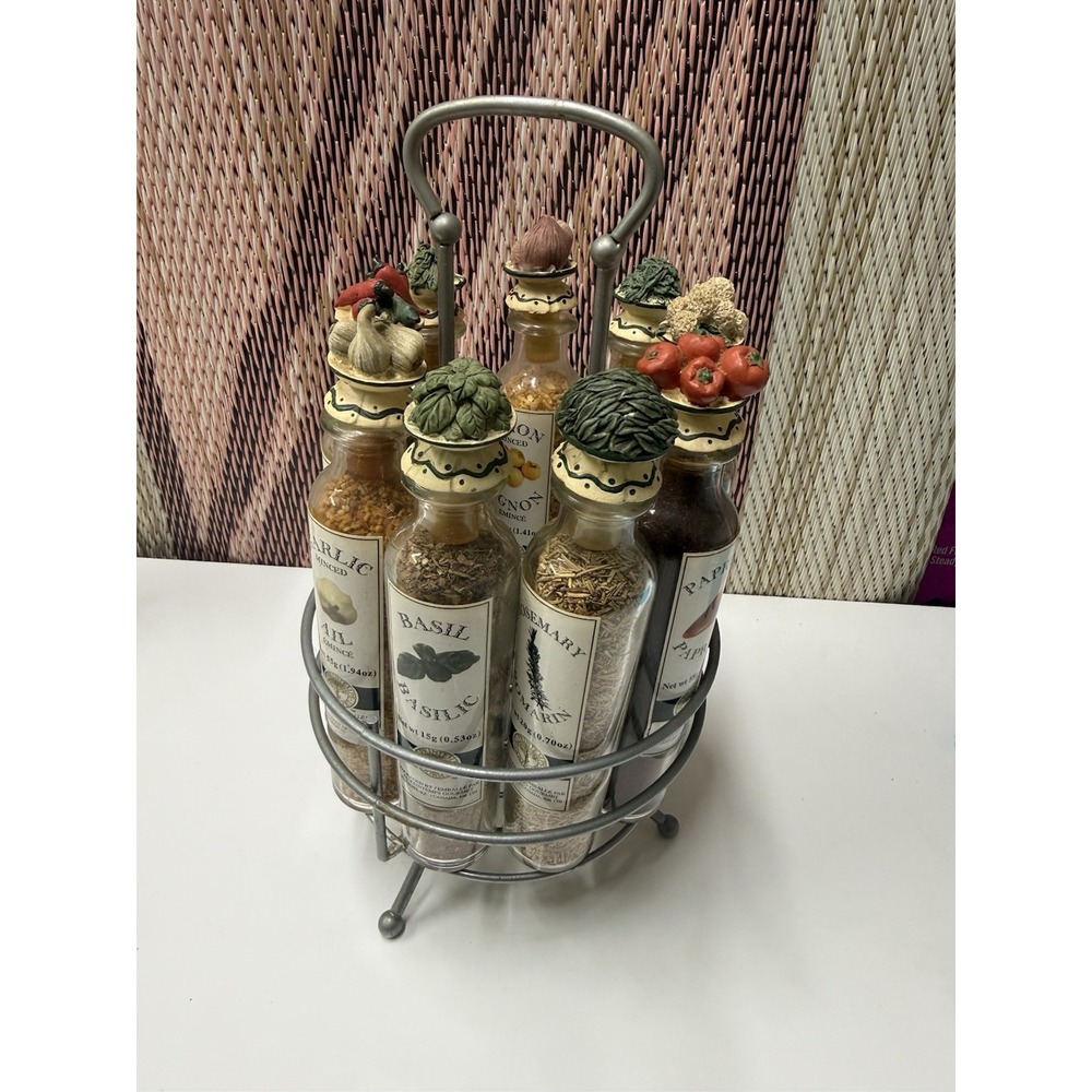 Vintage Au Printemps Gourmet Carousel Spice Rack Glass 9 Bottles Sculpted Lids